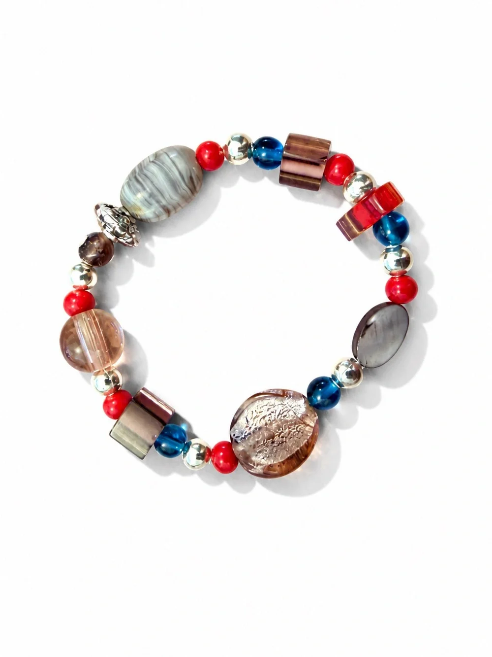 Handcrafted Multicolor Beaded Stretch Bracelet - Red, Blue & Silver